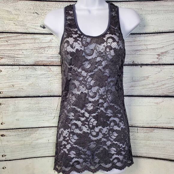 BKE Black Lace Overlay Tank Top M Floral Sheer Sleeveless Made in Canada - Picture 1 of 5
